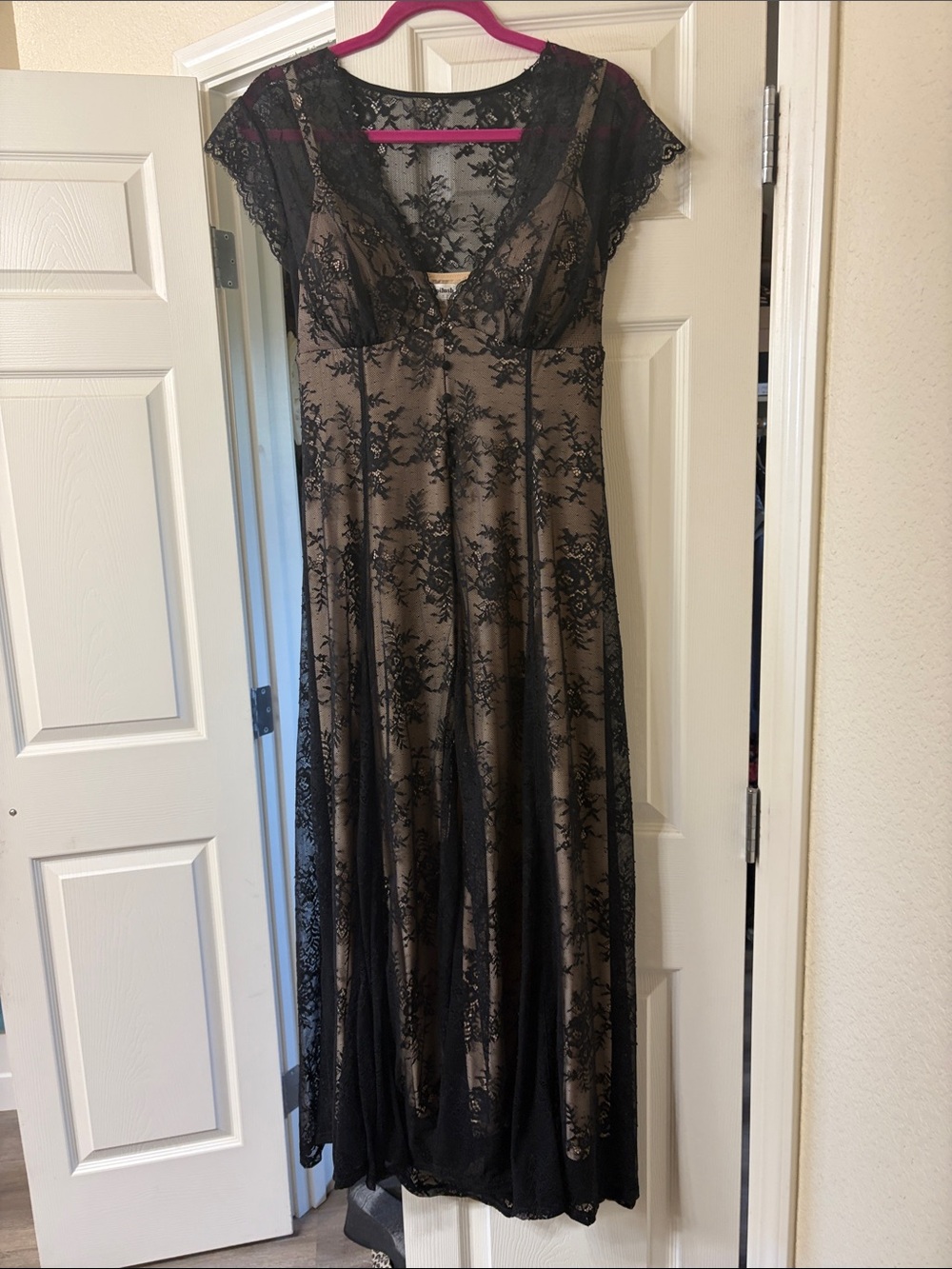 Sheer Black Lace-Overlay Satin Chemise - Black/Cream